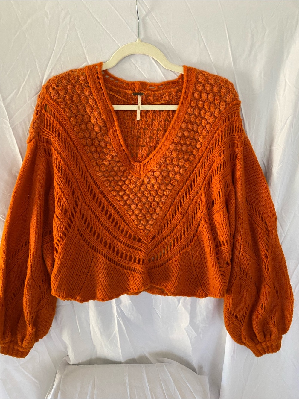 Free People Boho Orange Open-Knit V-Neck Sweater